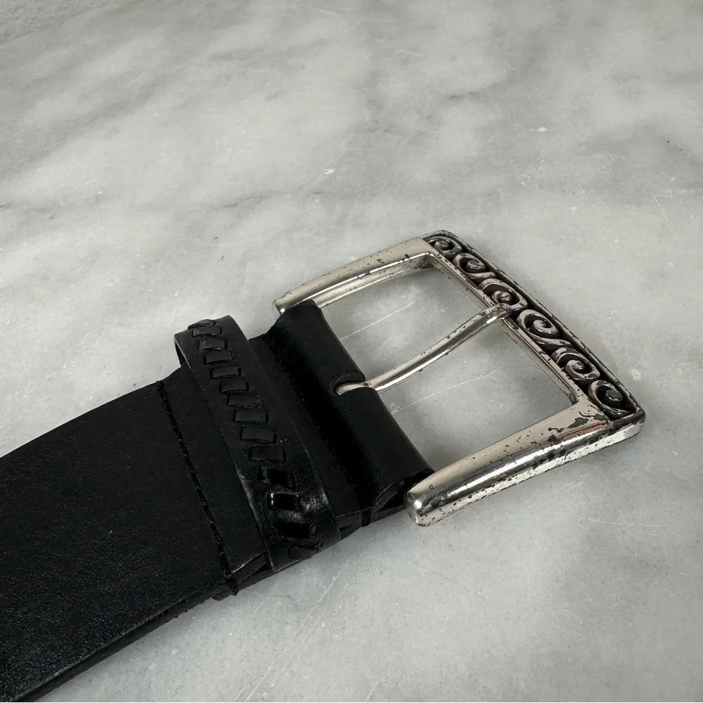 Brighton Black Leather‎ Belt Silver wide floral opera whipstitch bohemian biker
